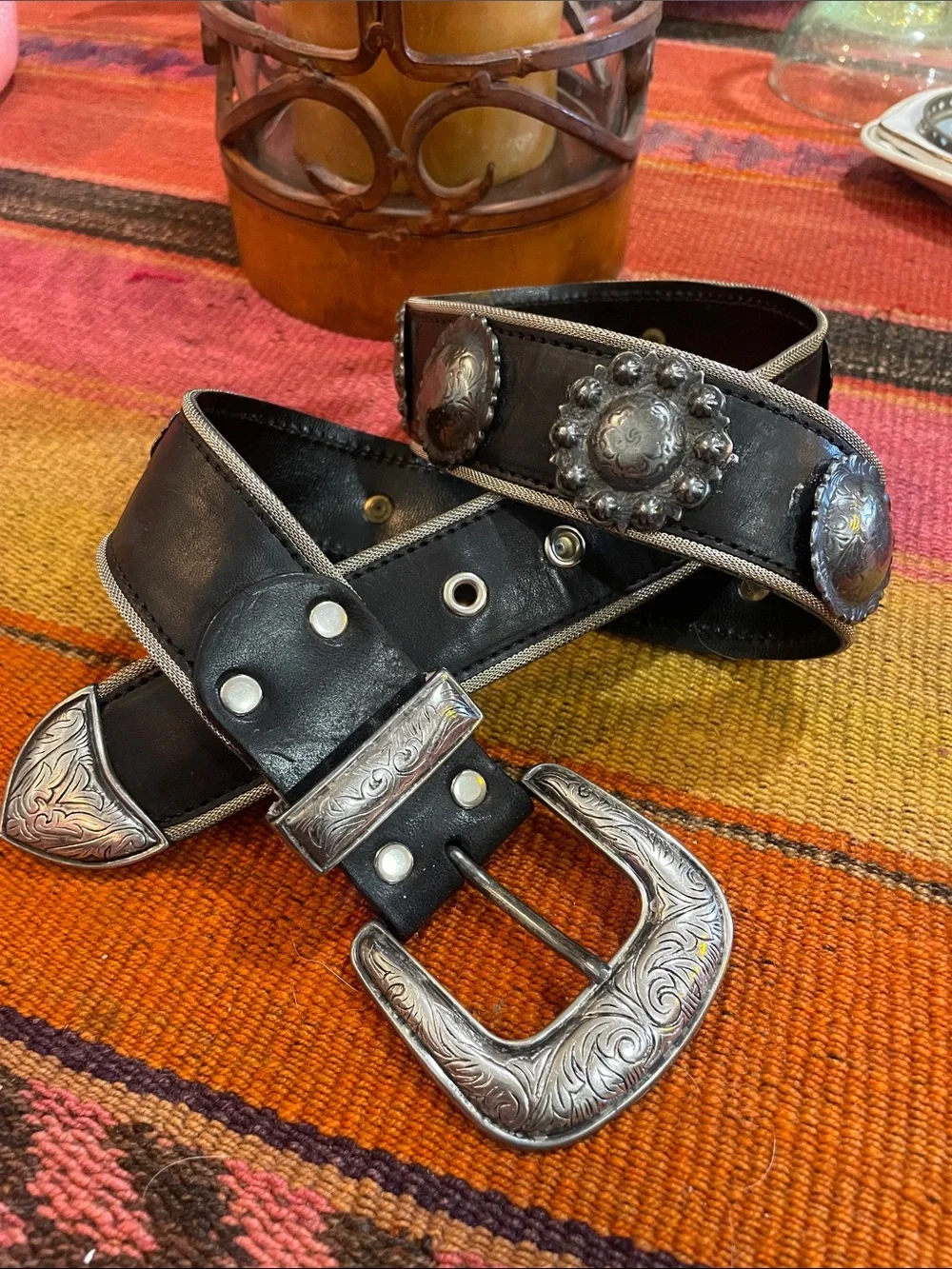 Another Line Black Western Faux Leather Belt with Engraved Pewter Conchos
